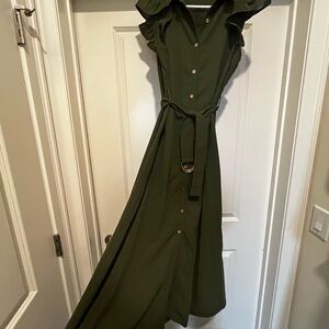 Elegant Olive Green Ruffle Sleeve Dress